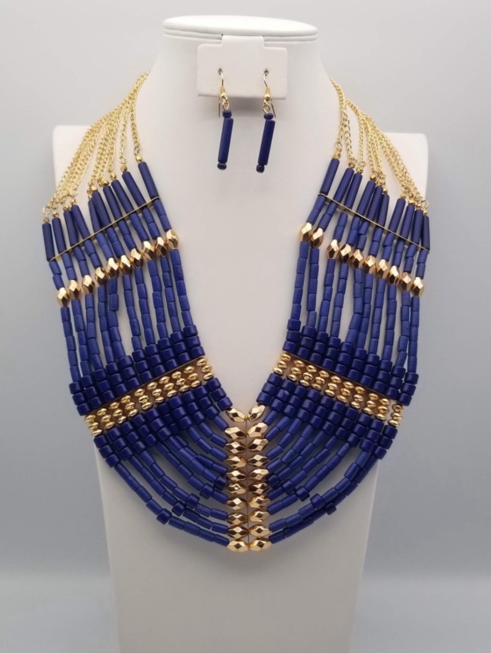 Gold & Navy Beaded Multi-Strand Statement Necklace with Matching Earrings